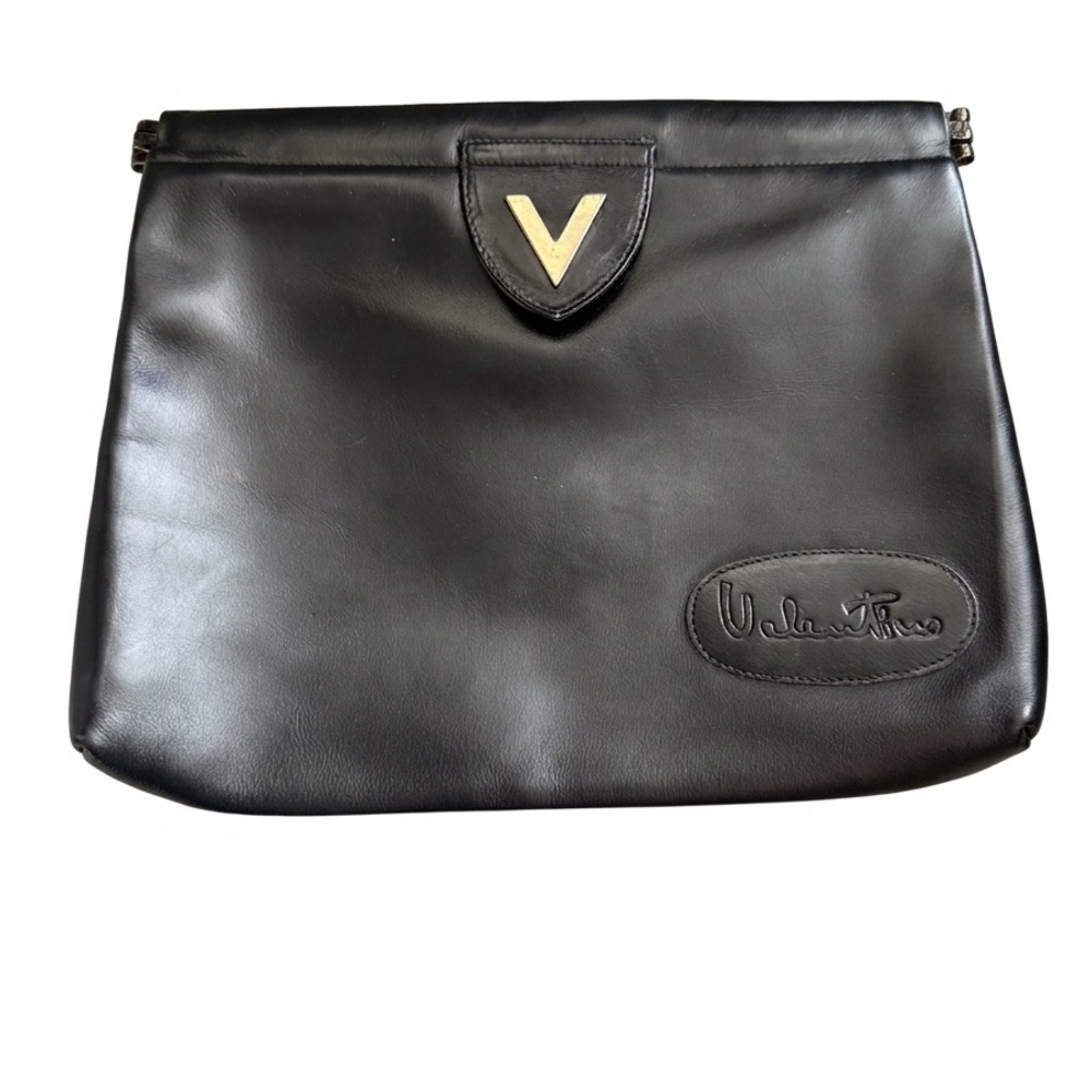 Mario Valentino Black Leather Clutch with Gold V Emblem